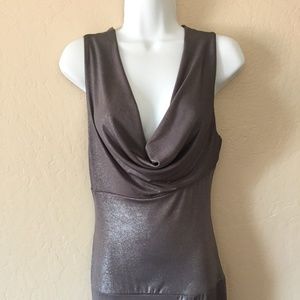 WILSTER Deep Cowl Neck Mini Dress Pewter Silver Sm